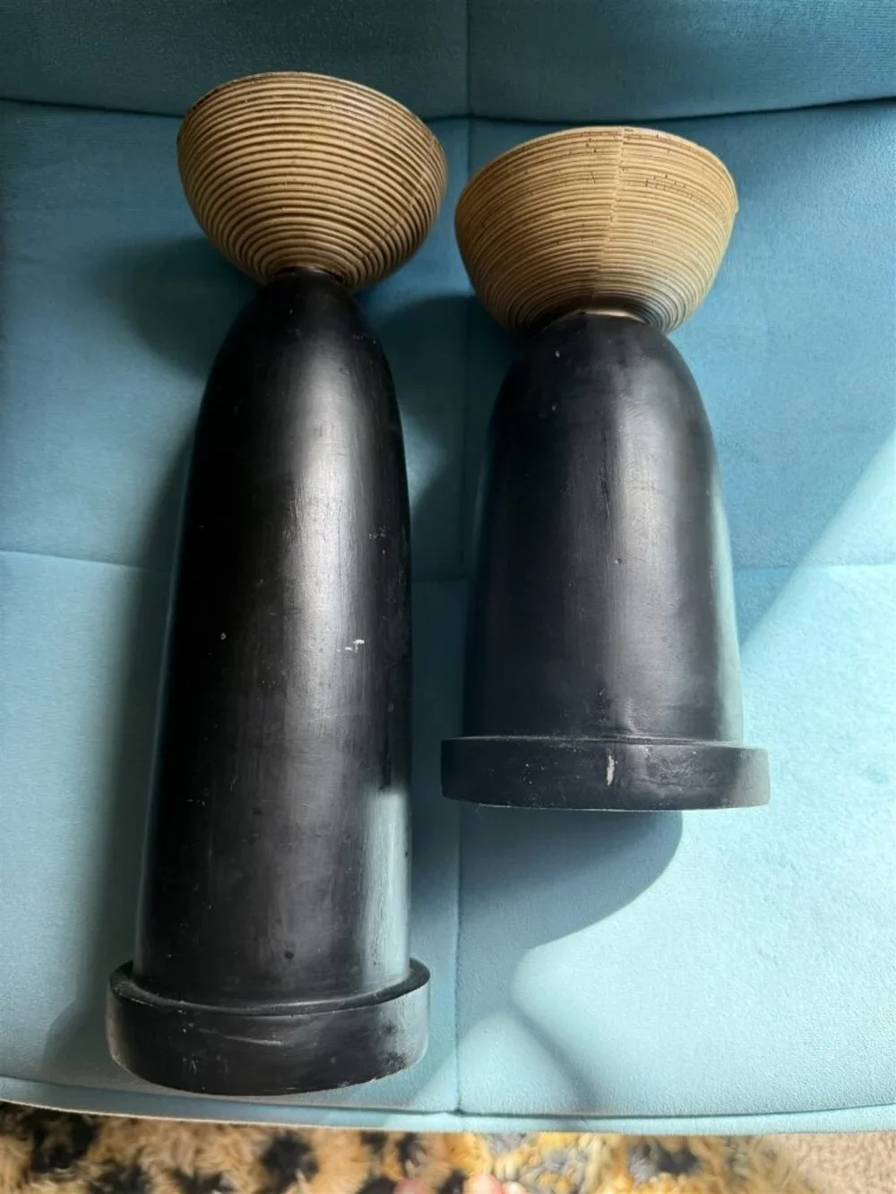 Wood Candleholder Pair Black With Faux Rattan Top Asian Jungle Tropical